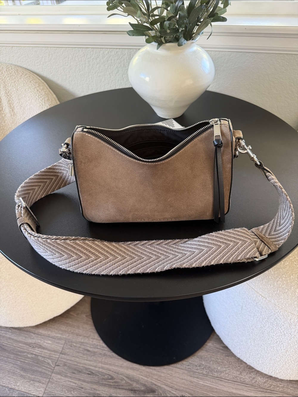 Marc Jacobs Suede Crossbody with Patterned Wide Strap - Taupe